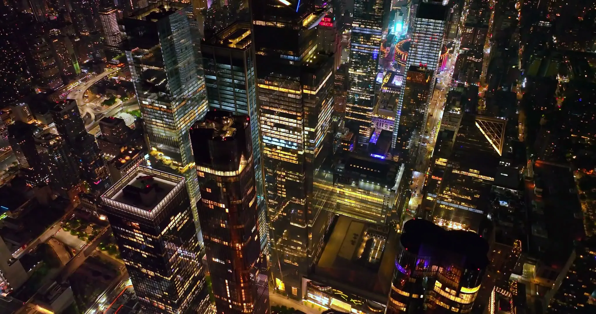 Aerial view of Hudson Yards and Midtown Manhattan towers at night